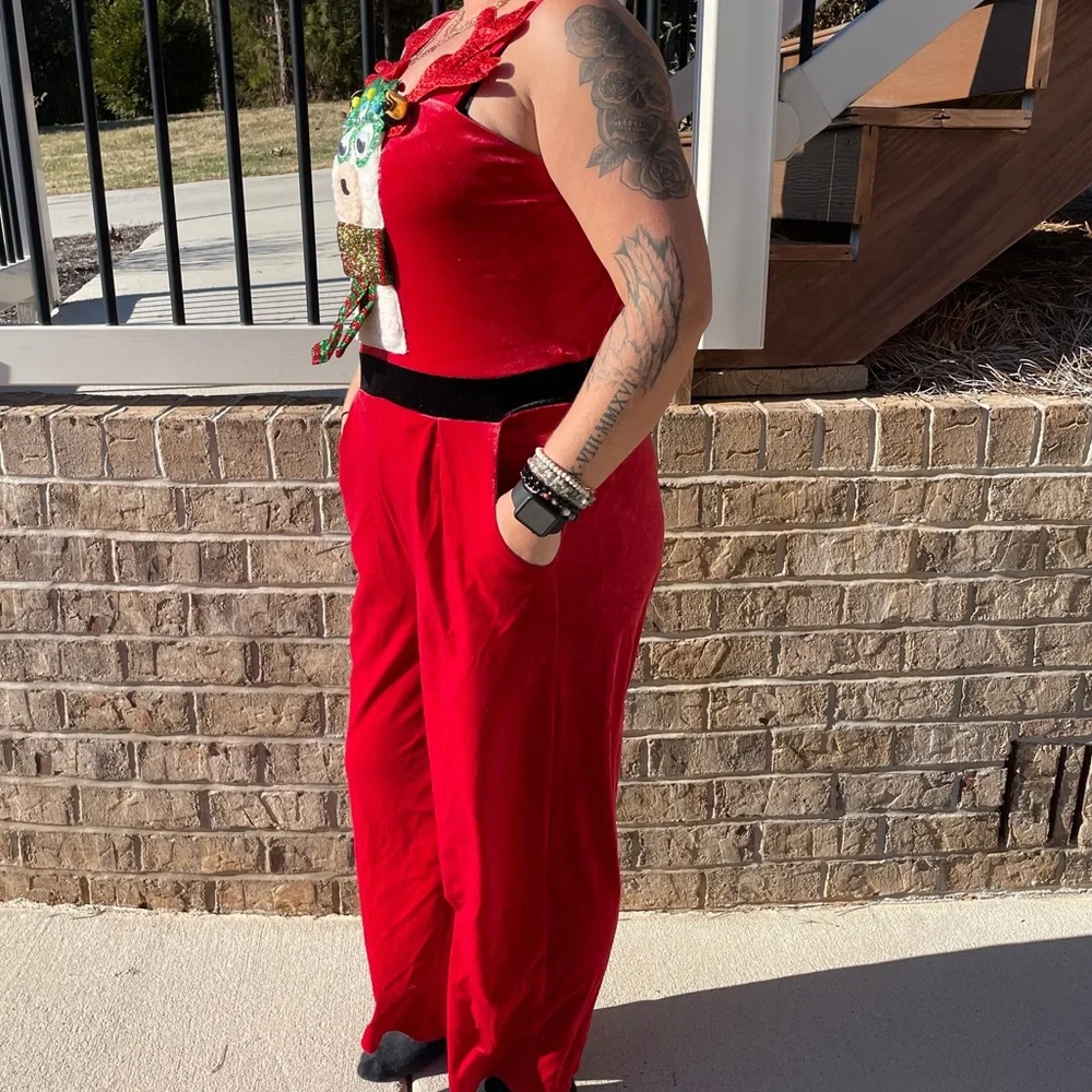 Born Famous Red Velour Festive Llama Christmas Jumpsuit NWT - Picture 3 of 8